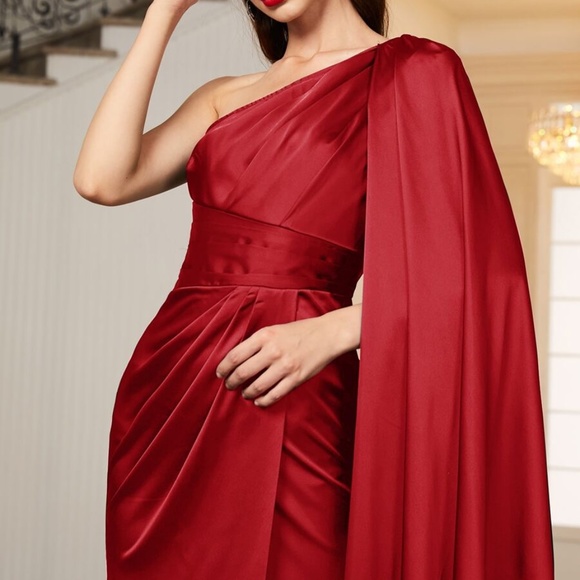 Luxe Dusty Pink One shoulder party formal evening Prom Satin Wedding dress - Picture 4 of 16